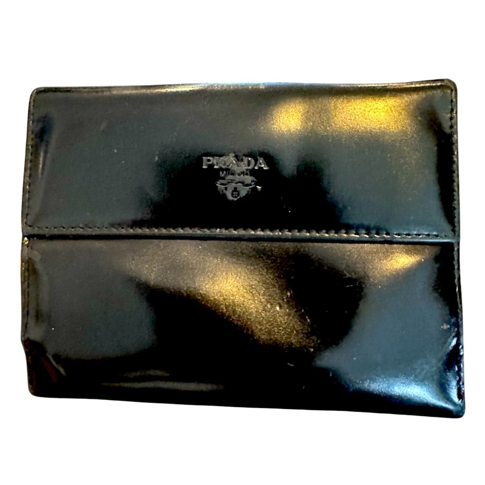 Prada Milano Auth Black Soft Leather Patent Leather MultiFold Wallet